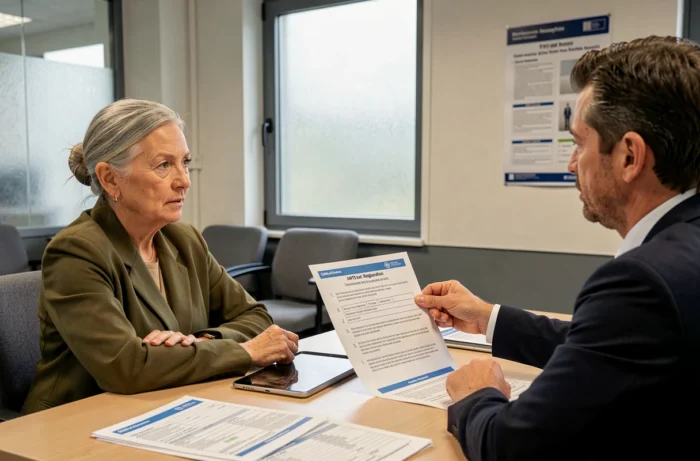 Une femme retraitée accompagnée dans la création d'un compte ANTS par un agent municipal en mairie