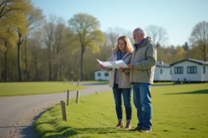 Couple examinant des documents fonciers sur un terrain vierge dans un parc résidentiel de loisirs