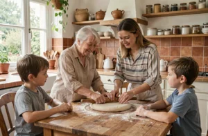 Famille multigénérationnelle qui prépare de la pâtisserie ensemble dans une cuisine chaleureuse, activité pour renforcer les liens familiaux