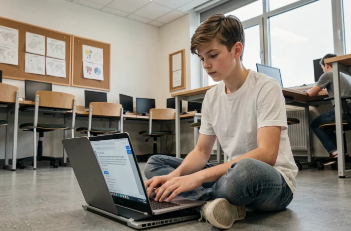 Adolescent apprenant l'informatique sur un ordinateur portable dans une salle de classe moderne