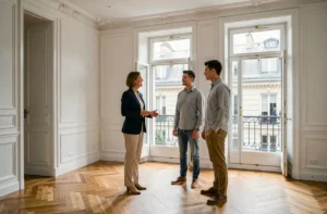 Agent immobilière présentant un appartement haussmannien rénové à un jeune couple à Paris