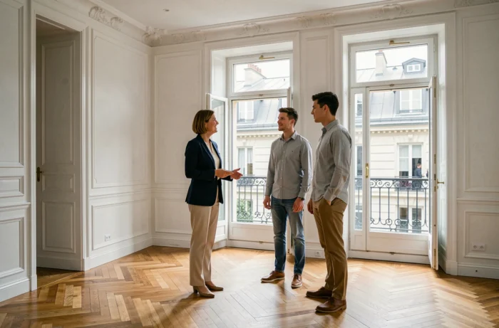 Agent immobilière présentant un appartement haussmannien rénové à un jeune couple à Paris