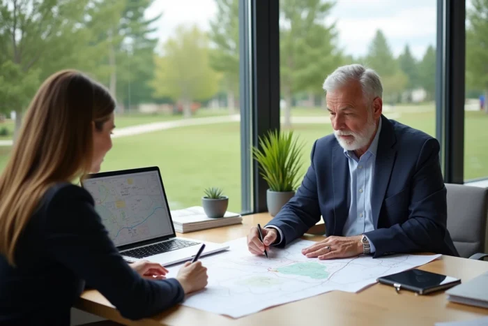 Agent immobilier présentant un plan de terrain PRL à une cliente dans un bureau de vente