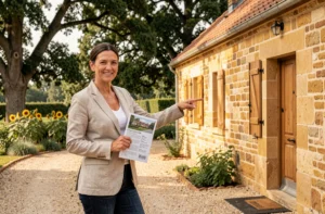 Agente immobilière présentant une maison en pierre charentaise traditionnelle avec jardin fleuri en Charente