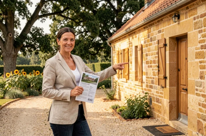 Agente immobilière présentant une maison en pierre charentaise traditionnelle avec jardin fleuri en Charente