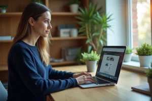 Femme consultant des annuaires en ligne sur son ordinateur portable dans un bureau moderne à domicile