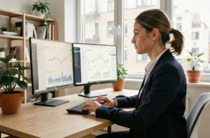 Femme professionnelle analysant des tableaux de bord SEO et des graphiques de référencement naturel sur deux écrans dans un bureau moderne