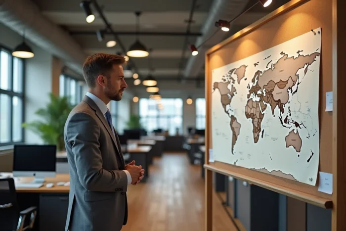 Homme d'affaires analysant une carte du monde annotée avec les zones géographiques commerciales AMER, EMEA et APAC dans un bureau moderne