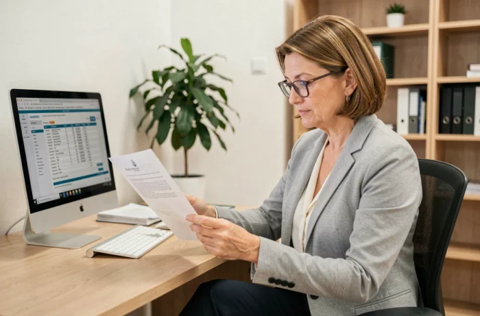 Conseillère en assurance examinant un document de modification moteur stage 1 dans un bureau professionnel