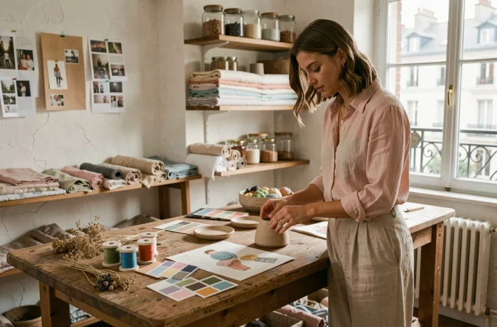 Jeune femme créative arrangeant des céramiques artisanales et de la papeterie illustrée dans un atelier parisien chaleureux aux murs blancs et étagères en bois