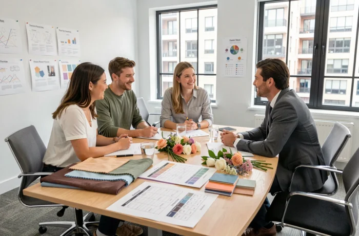 Groupe d'étudiants en atelier de formation wedding planner autour d'une table de travail