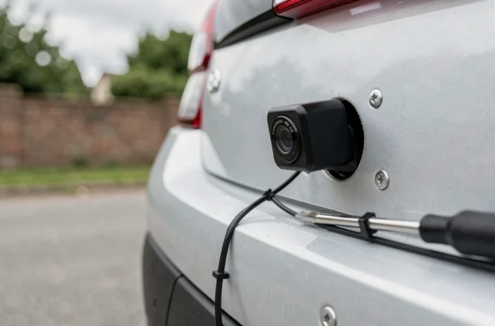 Gros plan sur une caméra de recul montée sur la plaque d'immatriculation arrière d'une Citroën C3 avec câblage visible