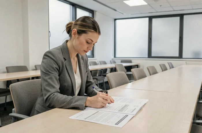 Candidate passant un test de logique dans une salle de recrutement officielle