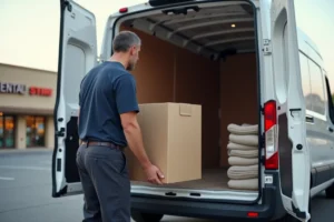 Homme chargeant des meubles en carton dans une camionnette de location blanche dans un parking de magasin de meubles