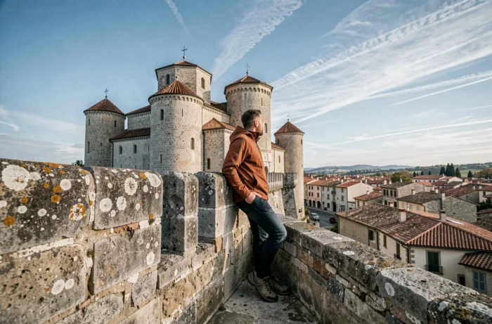 Voyageur admirant la vue depuis les remparts du Château des Adhémar à Montélimar