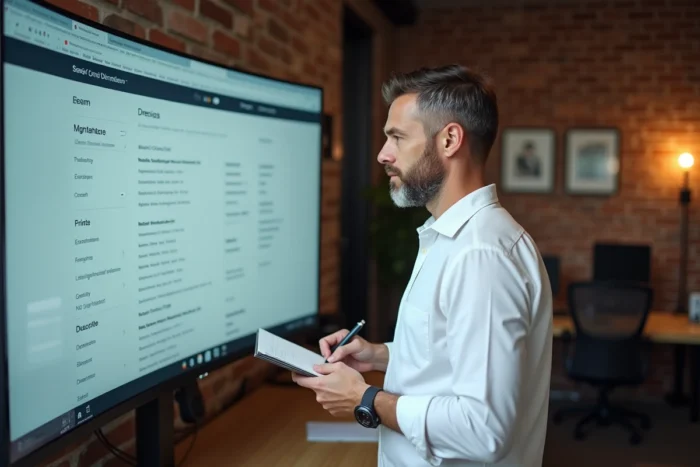 Chef d'entreprise analysant les meilleures alternatives aux annuaires professionnels sur un grand écran mural