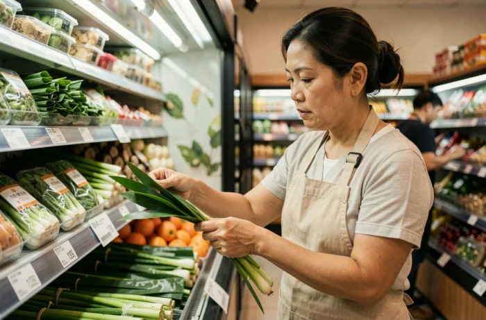 Femme choisissant des feuilles de pandan fraîches dans le rayon d'une épicerie asiatique