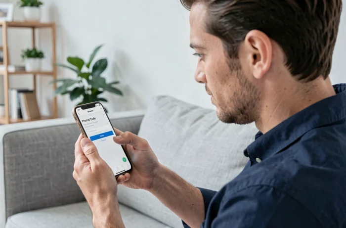 Homme appliquant un code promo Sklum sur une application mobile de décoration intérieure