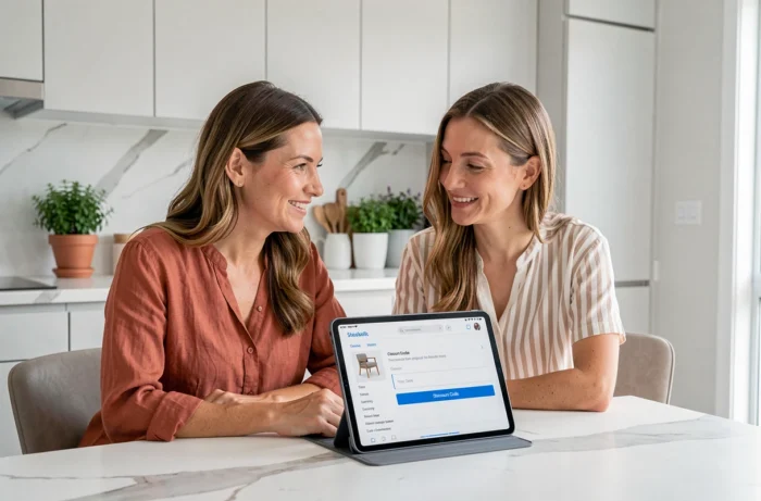 Deux femmes consultant un code promo Sklum sur une tablette dans une cuisine moderne