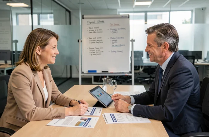 Deux professionnels collaborant sur un guide pratique de déclaration Business Ethique en salle de réunion