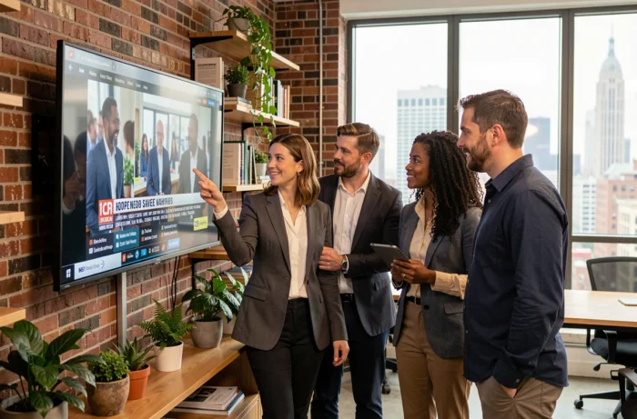 Groupe de collègues regardant les actualités en direct sur un écran dans un espace de coworking moderne