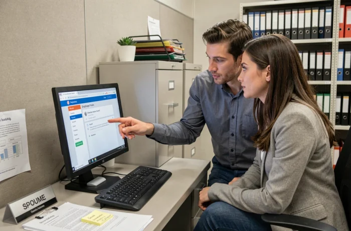 Deux collègues Chronopost consultant ensemble le portail CSE sur ordinateur de bureau au bureau RH