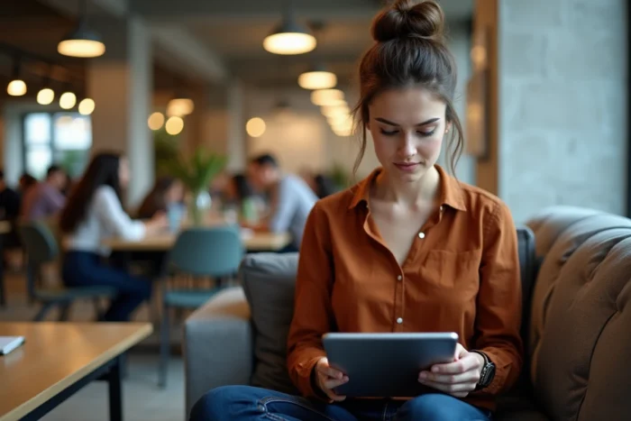 Jeune professionnelle comparant des alternatives aux annuaires en ligne sur une tablette dans un espace de coworking