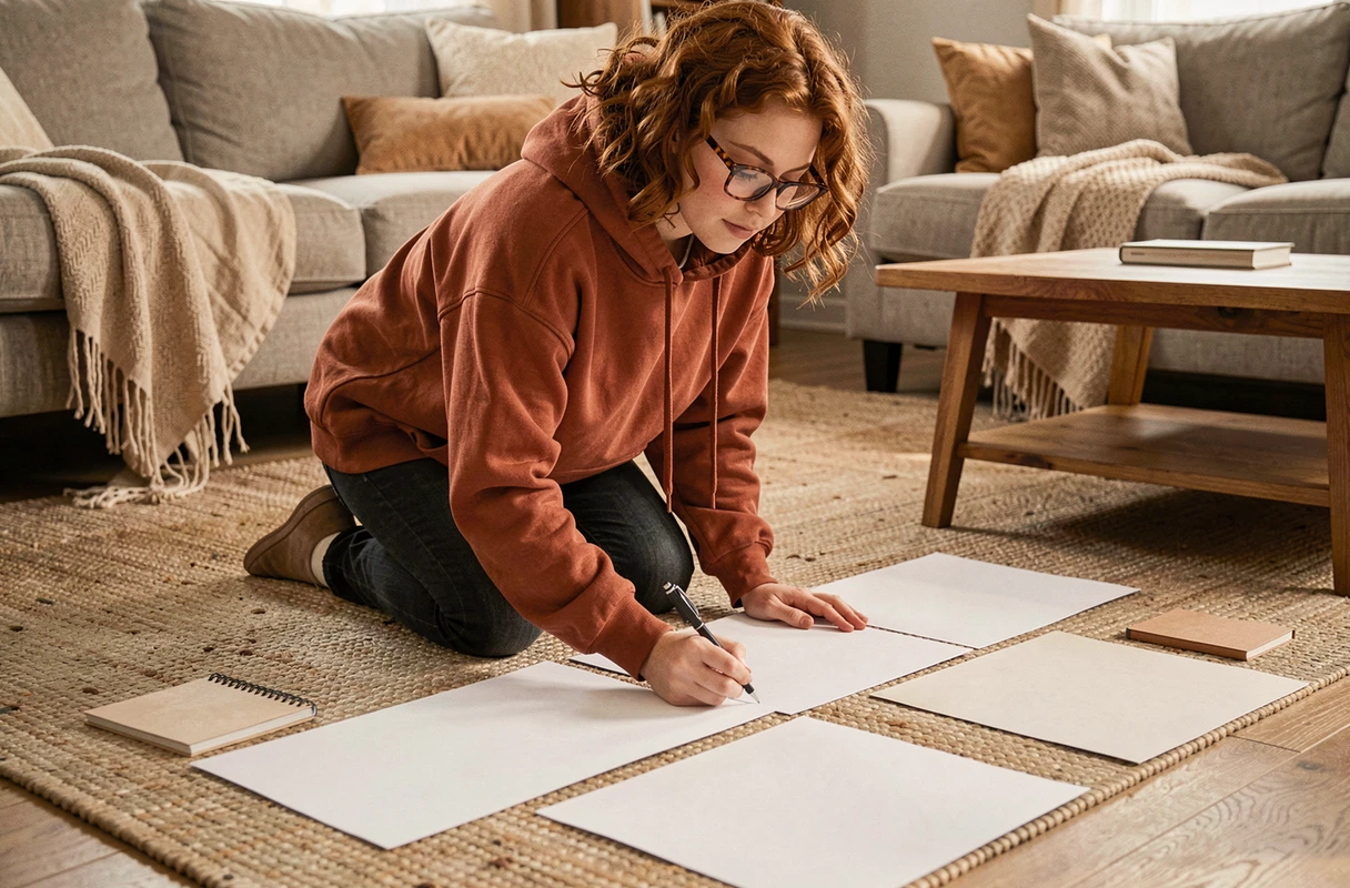 Jeune femme comparant des modèles d'affiches vides imprimés sur le sol de son salon