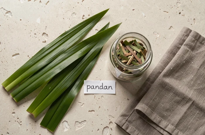 Comparaison de feuilles de pandan fraîches et séchées posées sur un plan de travail en pierre avec étiquette artisanale