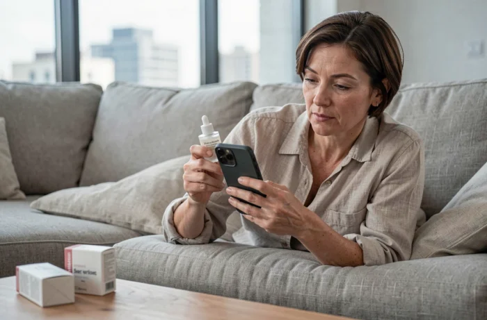 Femme comparant des produits de beauté sur smartphone avec un sérum cosmétique dans la main dans son salon moderne