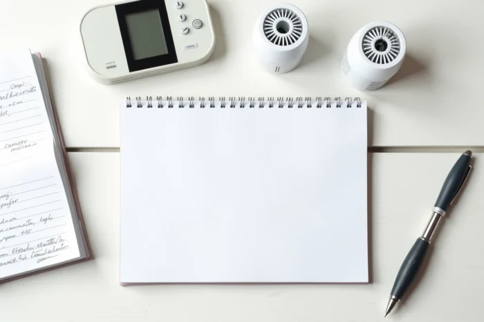 Vue à plat de brochures de radiateurs électriques avec notes de comparaison sur une surface en bois blanc