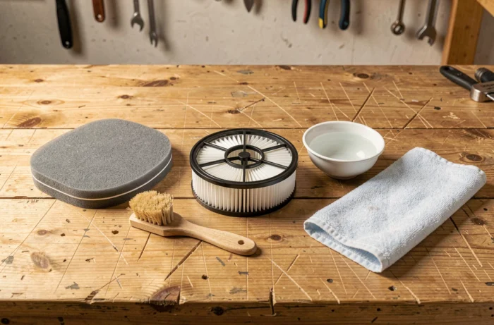 Vue de dessus des composants du filtre aspirateur Karcher WD4 disposés sur un établi en bois pour le nettoyage