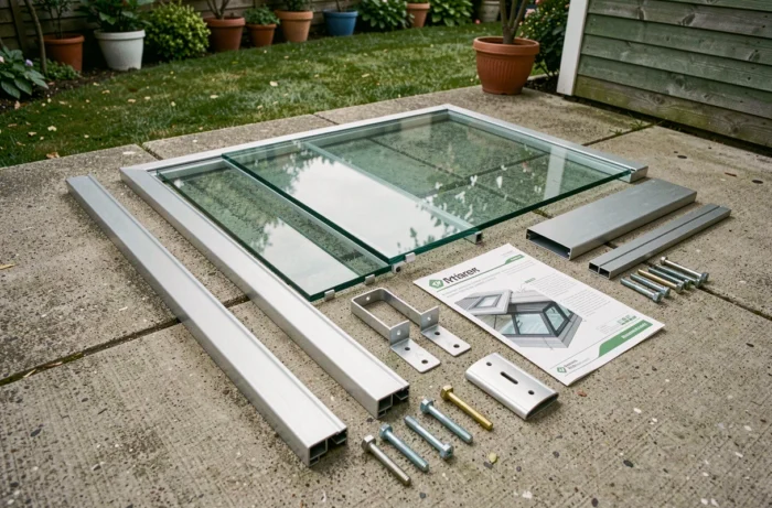 Composants d'une véranda en kit posés sur une terrasse en béton avant le montage, incluant profils aluminium et panneaux polycarbonate