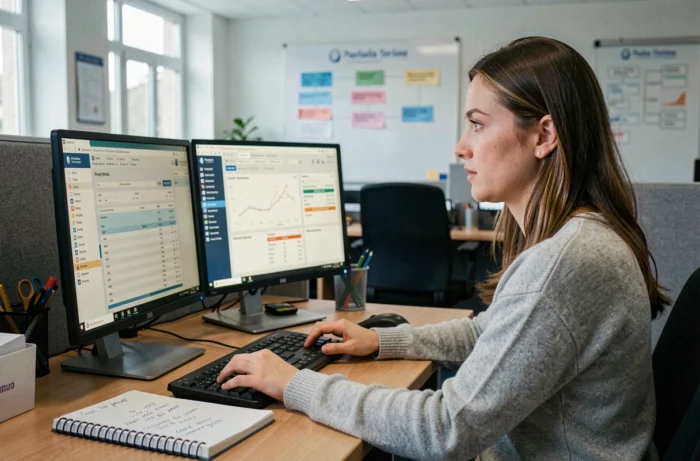 Comptable spécialisée travaillant sur un logiciel de gestion de paie externalisée dans un cabinet comptable