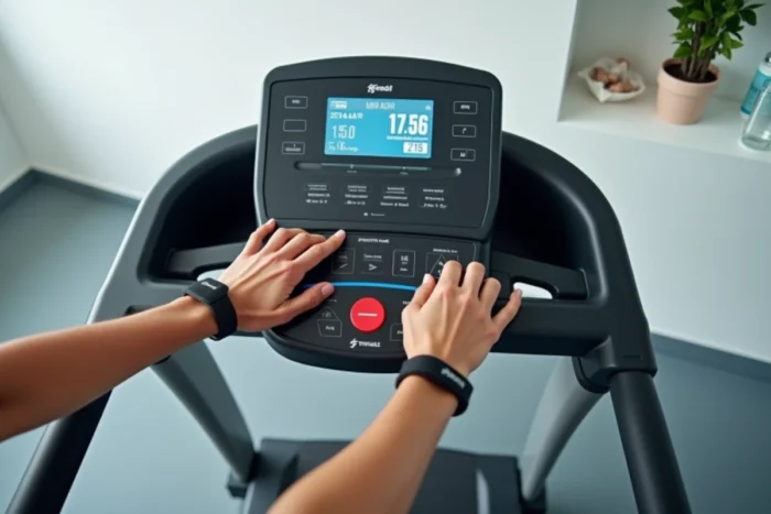 Gros plan sur la console de commande et l'écran LCD du tapis de course Sportstech F10