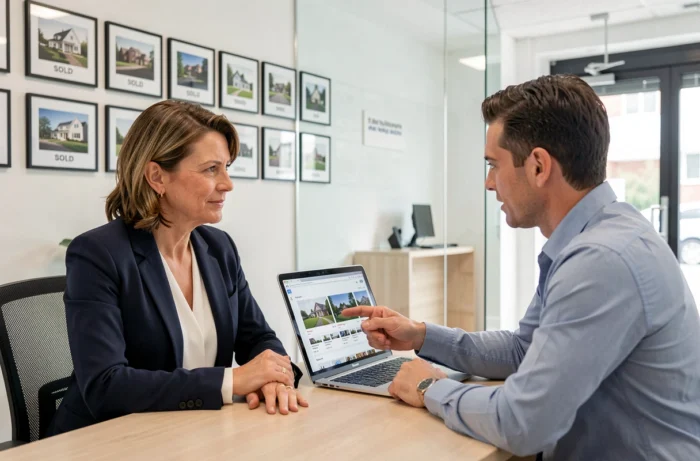 Femme consultant un agent immobilier dans une agence moderne pour son projet d'acquisition