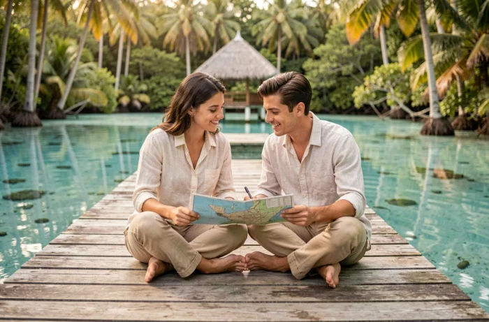 Couple de voyageurs consultant une carte sur une terrasse en bois surplombant un lagon turquoise isolé, destination exotique et insolite