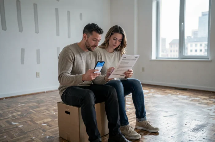 Couple consultant un contrat de déménagement et une confirmation de paiement en ligne dans un appartement vide