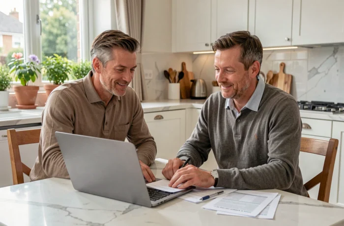Couple consultant un site de financement en ligne pour planifier un projet immobilier à la maison