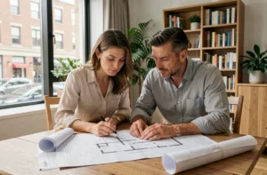 Couple étudiant des plans immobiliers et documents pour leur projet d'achat de maison