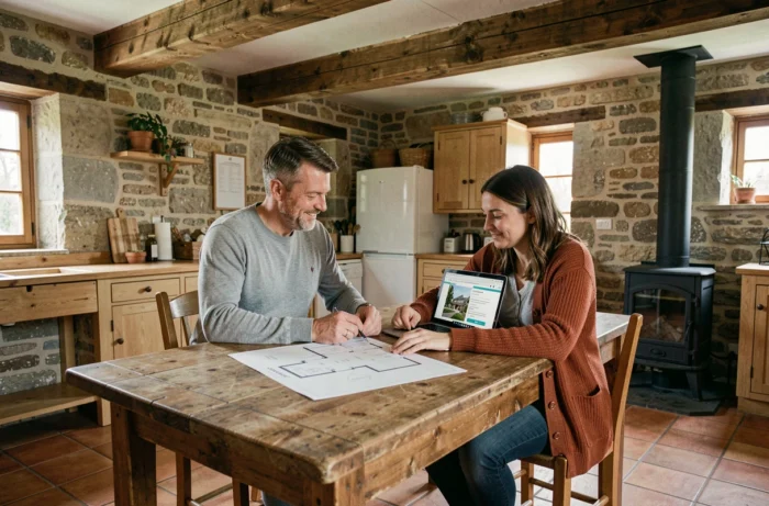 Couple étudiant des plans immobiliers dans une cuisine rénovée avec pierres apparentes et poutres en bois en Charente