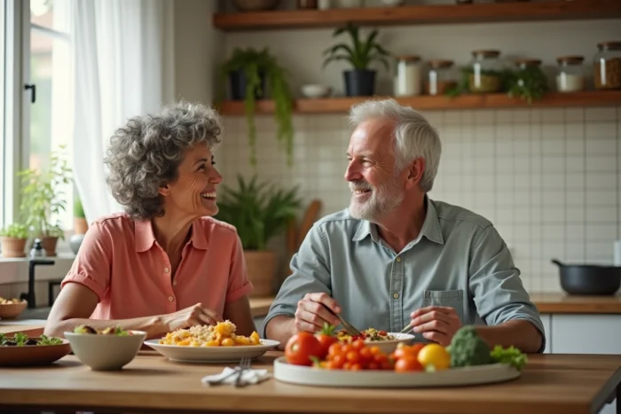 Couple de seniors partageant un repas équilibré et coloré dans leur cuisine, illustrant une alimentation saine après 60 ans