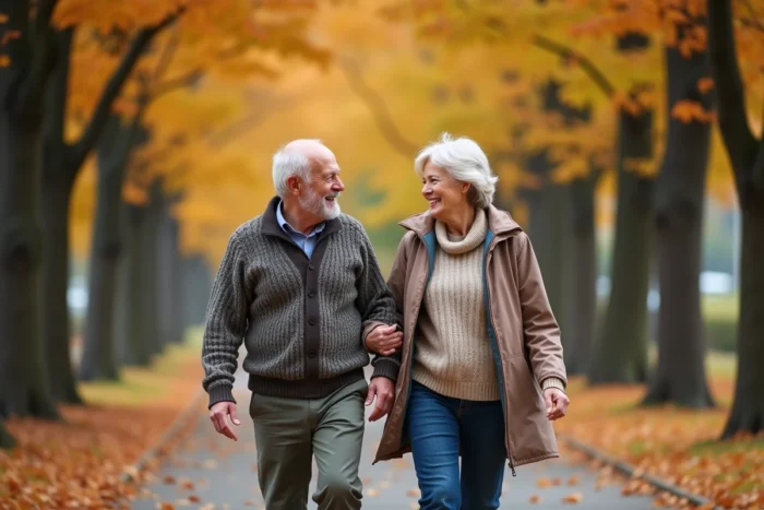 Couple de seniors marchant ensemble dans un parc en automne, illustrant les bienfaits de la marche et du lien social pour rester en forme après 60 ans