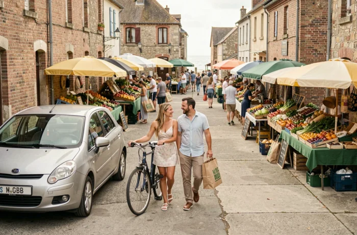 Couple arrivant facilement au marché de Fort-Mahon après avoir trouvé une place de stationnement à proximité