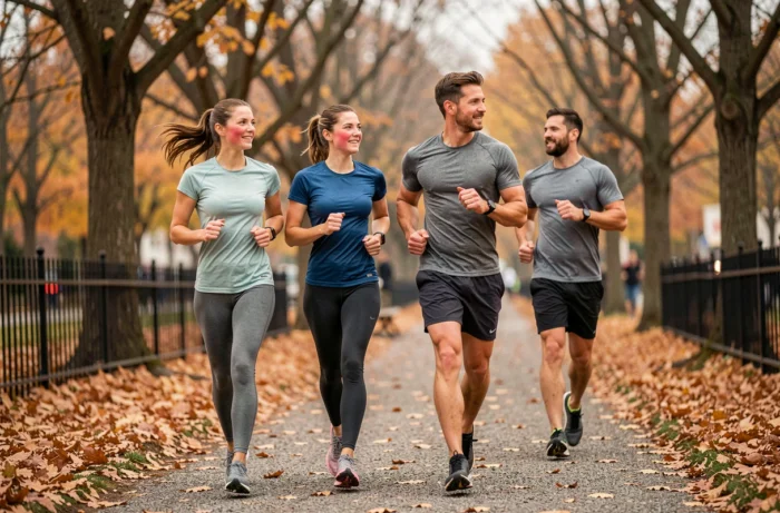 Quatre amis courant ensemble dans un parc en automne, représentant les avantages du sport en groupe pour la santé physique et mentale