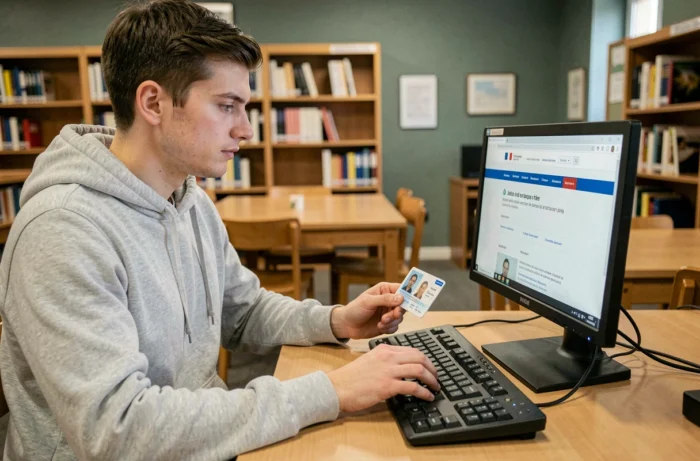 Un jeune homme créant un compte ANTS dans une bibliothèque publique avec une pièce d'identité en main