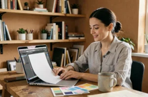 Femme créant un modèle d'affiche vide personnalisé sur son ordinateur portable dans un bureau à domicile chaleureux