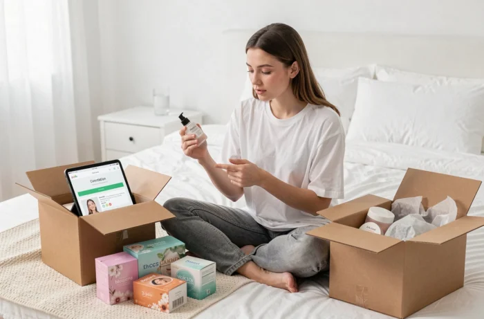 Jeune femme déballant ses commandes de produits de beauté reçues en ligne sur son lit avec tablette affichant la confirmation d'achat