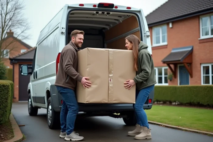Couple déchargeant un canapé emballé d'une camionnette de location devant leur maison pavillonnaire