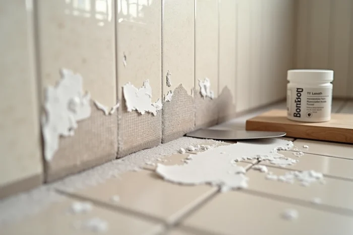 Détail rapproché d'une toile de verre posée sur du carrelage mural révélant les joints et la surface céramique en dessous
